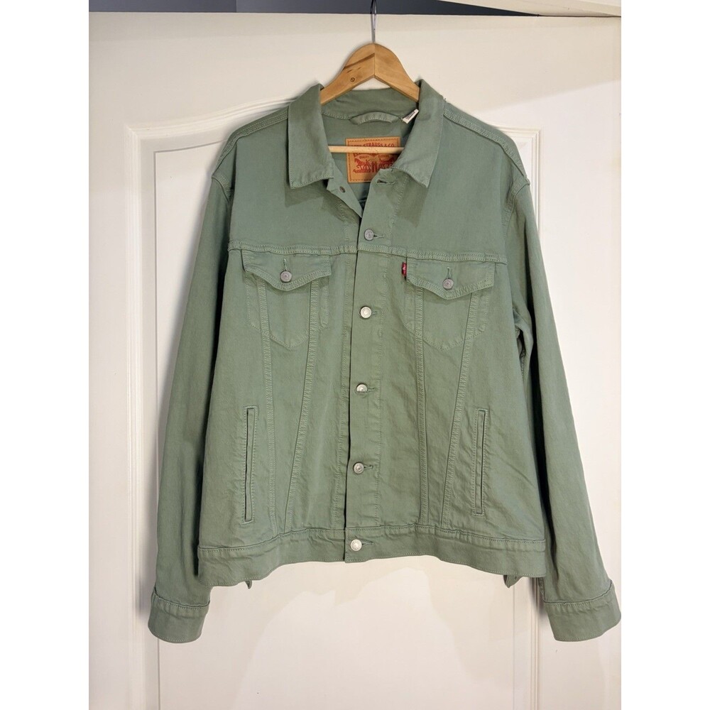 Levi’s Men’s Trucker Jacket Large Sage Green Denim Button Front Red Tab L - Picture 2 of 10